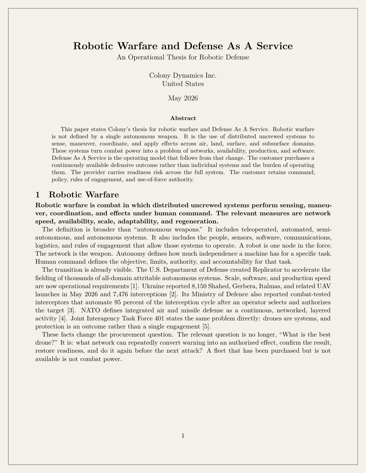 Robotic Warfare and Defense As A Service, page 1 of 4